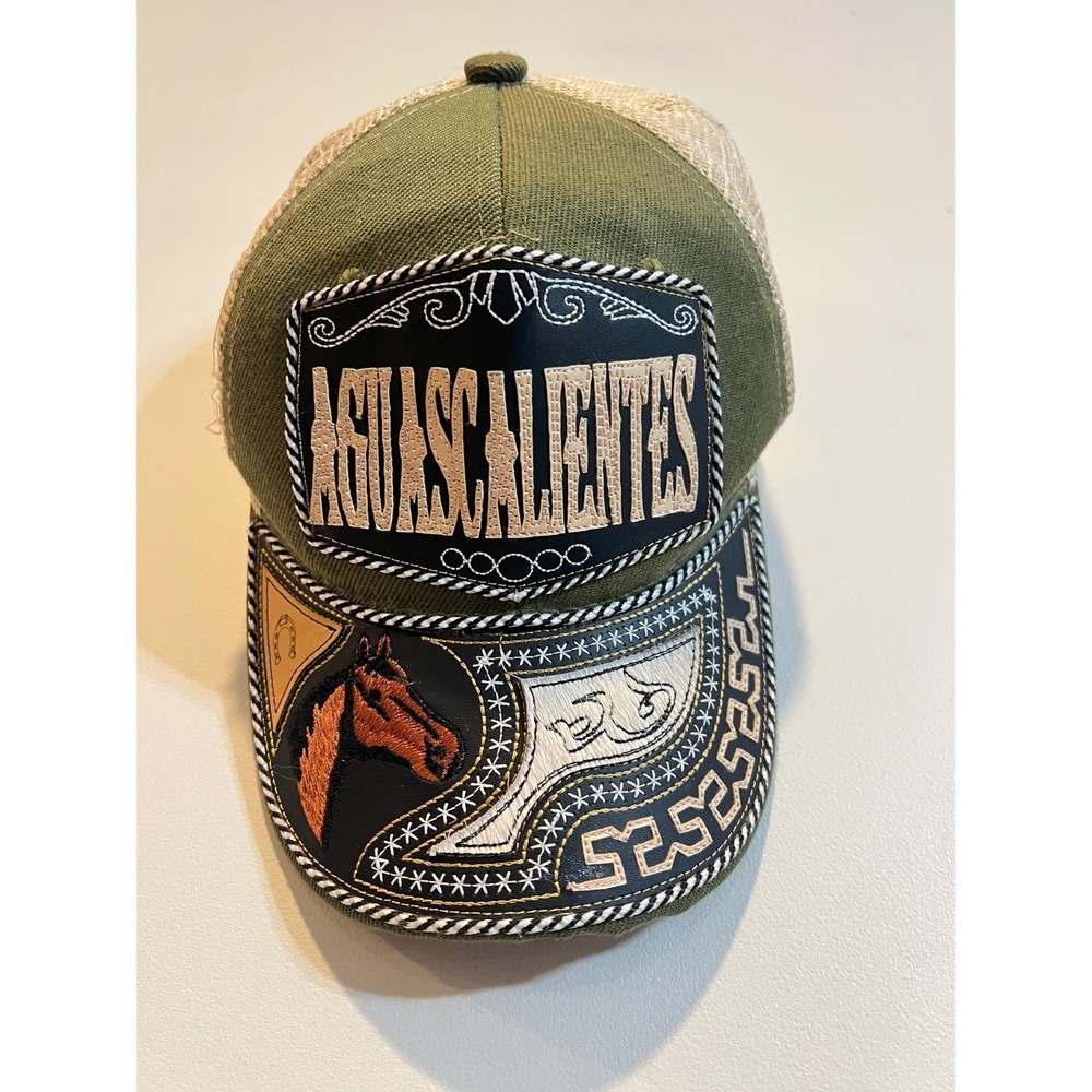 Aguascalientes Mexico Souvenir Trucker Hat Olive Green Horse Western Snapback